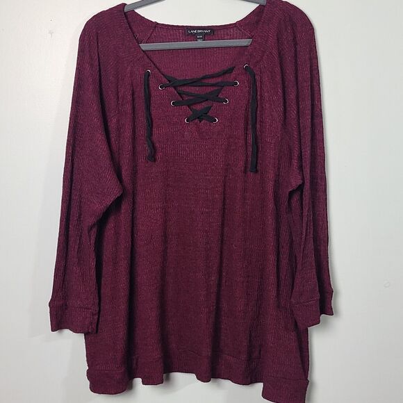 Lane Bryant Burgundy Knit Long Sleeve Top Lace Up Size 22/24 - Picture 1 of 5